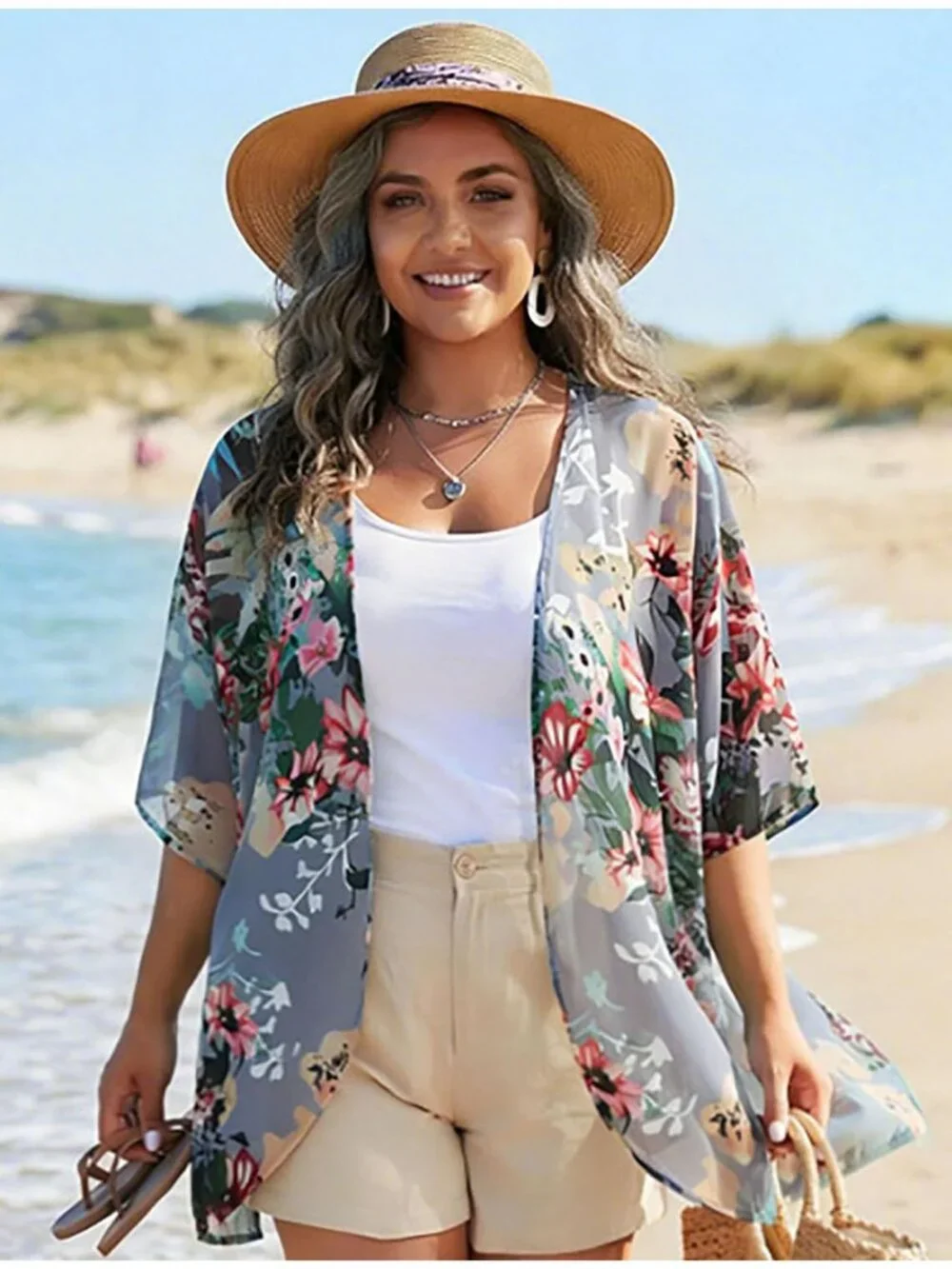 Womens Dark Grey Polyester Kimono Cardigan Swimwear Coverup Floral Puff Sleeve